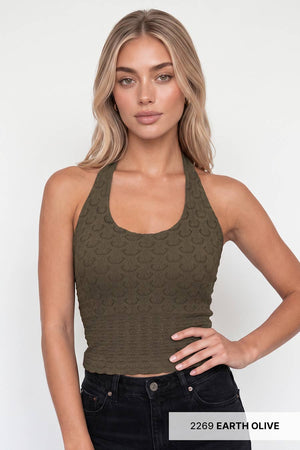 Floral Lace Halter Crop Top: White