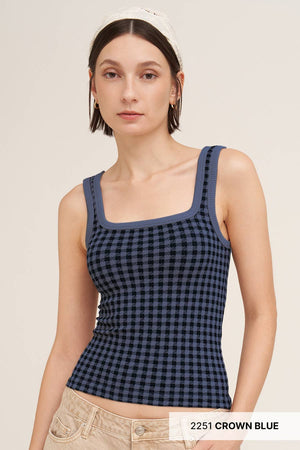 Checked Square Neck Top: Gunmetal