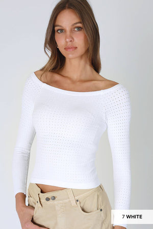 Waffle Off Shoulder LS Top: White
