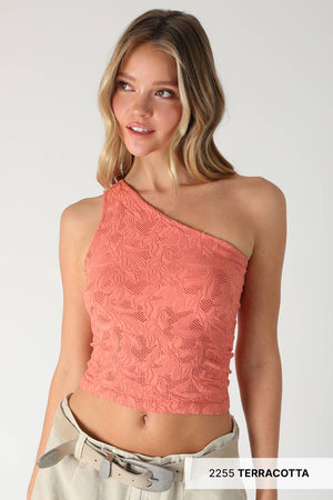 NTextured Lace One Shoulder Top: White
