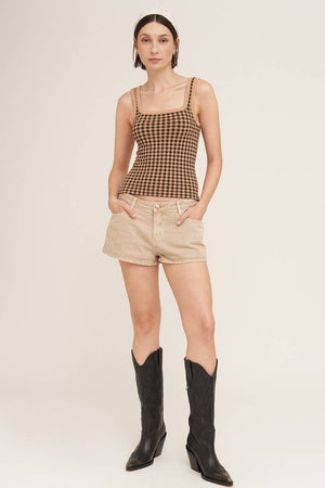 Checked Square Neck Top:Milk Tea