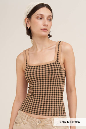 Checked Square Neck Top: Earth Olive