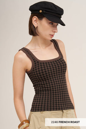 Checked Square Neck Top:Milk Tea