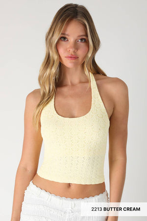 Floral Lace Halter Crop Top: Black