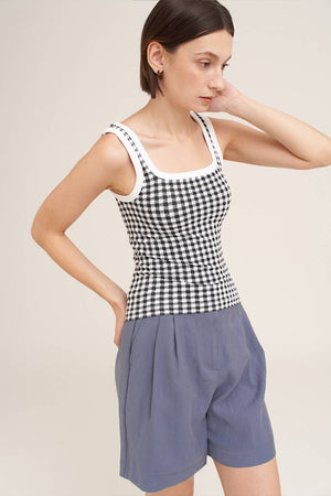Checked Square Neck Top:Milk Tea