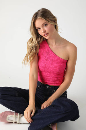NTextured Lace One Shoulder Top: White
