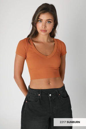 V Neck Crop Tee: Chili Oil
