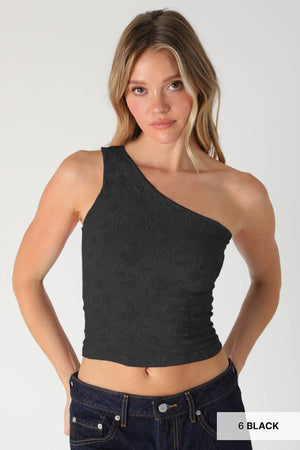 NTextured Lace One Shoulder Top: White