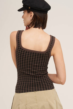 Checked Square Neck Top: Earth Olive