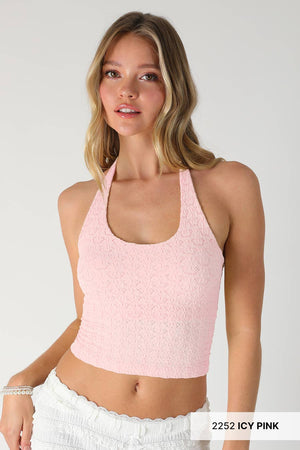 Floral Lace Halter Crop Top: Earth Olive