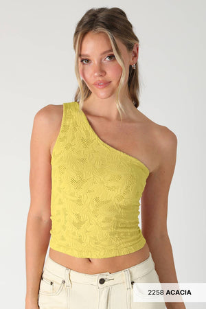 NTextured Lace One Shoulder Top: White