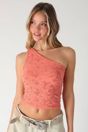 Textured Lace One Shoulder Top: Terracotta