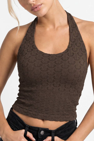 Floral Lace Halter Crop Top: Earth Olive