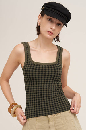 Checked Square Neck Top: Gunmetal
