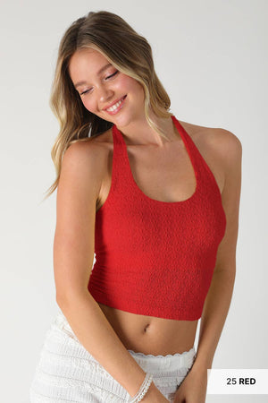 Floral Lace Halter Crop Top: Earth Olive