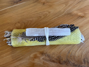 Sage Smudge Wand — Beeswax, Selenite &amp; Feather