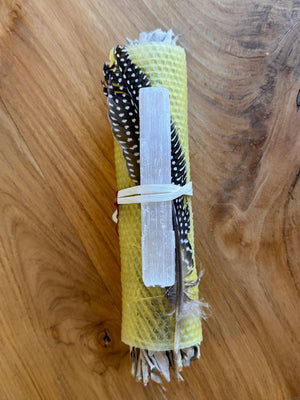 Sage Smudge Wand — Beeswax, Selenite &amp; Feather