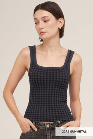 Checked Square Neck Top:Milk Tea