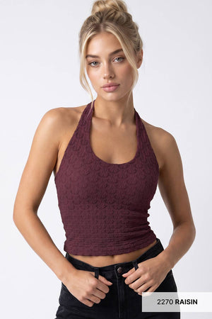Floral Lace Halter Crop Top: Earth Olive