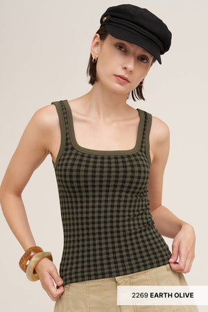 Checked Square Neck Top:Milk Tea