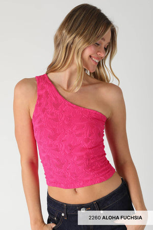 Textured Lace One Shoulder Top: Terracotta