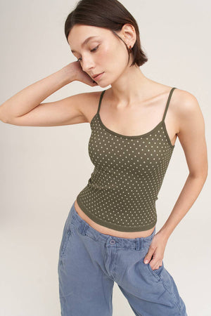 White Polka Dot Strap Cami: Earth Olive